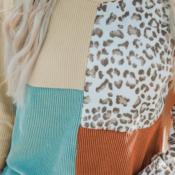 Leopard Patchwork Color Block Ribbed Long Sleeve Top - Picture 4 of 5